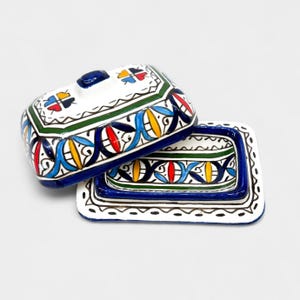 Handmade Moroccan Ceramic Butter Dish with Lid - Fez Folk Art Pottery