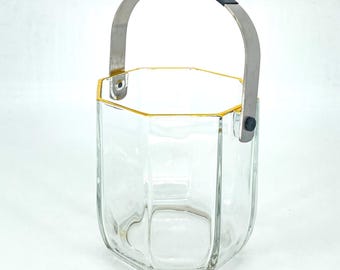 Hoya Japan Ice Bucket Gold Trim Lead Crystal Glass Octagon Stainless Handle Vtg