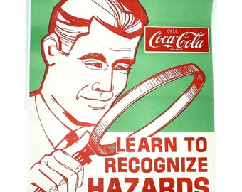 1960s Coca-Cola Safety Poster Learn Recognize Hazards 17x22 Vintage Industrial