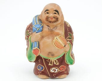 Vintage Kutani Happy Buddha Figurine 3.25" – Japanese Porcelain Hotei Statue – Laughing Buddha Folk Art Decor