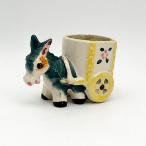 Vintage Japan Ceramic Donkey Cart Planter Blue Yellow Pink Kitsch 1950s 5x3 Inch