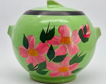 Vtg Nelson McCoy Ball Cookie Jar Green Pink Floral Hand Painted 1940s Art Deco