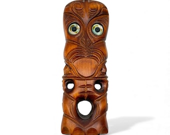 Teko Teko Maori Wood Carving NZ Kauri Moana Riri Abalone Eyes 7.25" New Zealand
