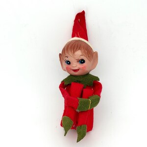Vintage Knee Hugger Elf Christmas Ornament Rubber Face Red Green Felt Pixie Doll