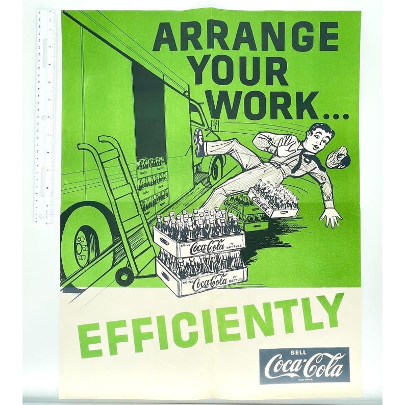 1960s Coca-Cola Safety Poster Arrange Work Efficiently 17x22 Vintage Industrial image 4