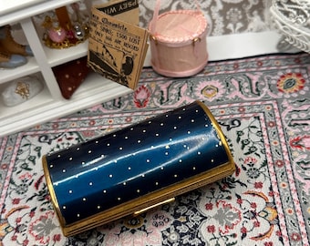 Vintage Kigu Powder Compact Barrel Shape Navy Blue Enamel Gold Tone Polka Dot 1950s 1960s