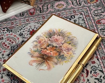 Stratton Vintage Floral Notepad and Pen Set Gold Tone Vanity Memo Pad England