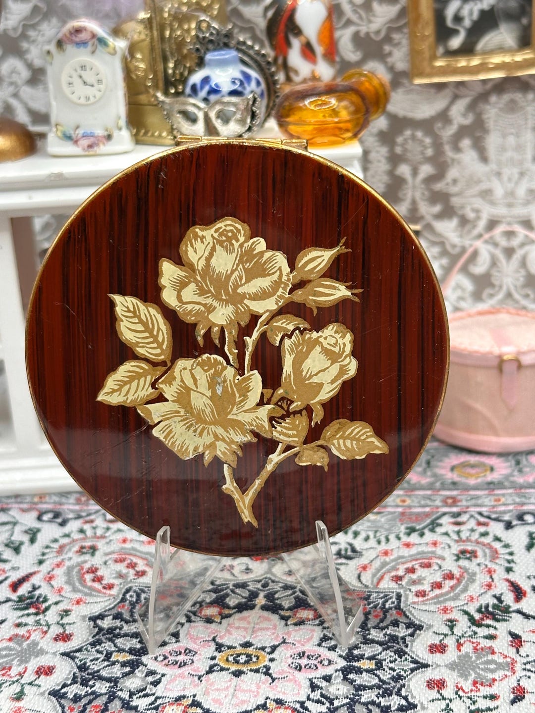 Tortoise Shell Wood Effect Vintage 1950s Powder Compact – Tortoiseshell Wood Effect Gold Floral ...