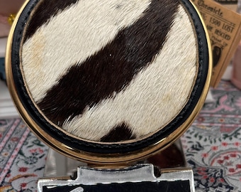 Vintage Stratton Convertible Powder Compact, Hair-On Leather Lid, 8cm Round, Gold Tone, 1950s–60’s