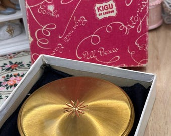 Estojo de pó compacto vintage Kigu of London Gold Powder Compact – Design Starburst – Completo na caixa, 8 cm