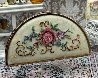 Vintage Mascot Petit Point Half Moon Powder Compact – Floral Needlepoint, Unused