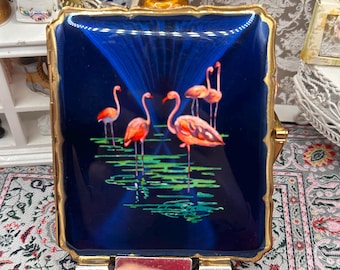 Vintage Stratton Cigarette Case Blue Enamel Flamingo Design Gold Tone Compact Case 1950s Made in England
