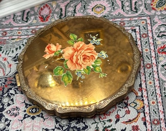 Vintage Stratton Queen Style Powder Compact 7.5cm Hand Painted Rose Design Gold Tone England