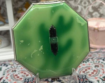 Estojo de pó compacto vintage octogonal Gwenda Green Art Déco, peça de colecionador.