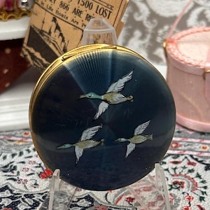 Vintage Kigu Pill Box, Blue Enamel Duck, Engine Turned Gold Tone, Made England