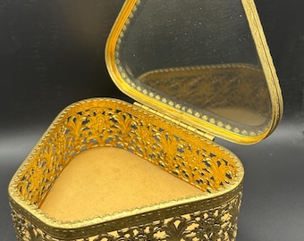 French Ormolu Filigree Jewellery Casket: Bevelled Glass Lid