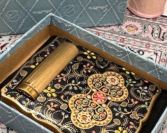 Vintage Stratton Powder Compact – Black Enamel Floral Lipstick Holder 1950s Boxed