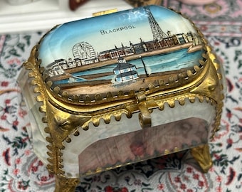 Vintage Ormolu Glass Blackpool Souvenir Trinket Box