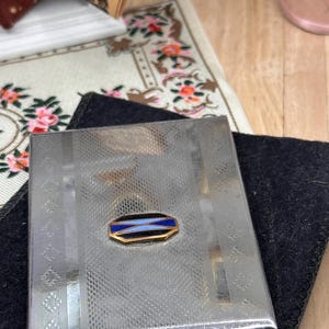 Art Deco Engine Turned Powder Compact with Blue Enamel Geometric Design, Complete with Puff & Sifter, 1930s Vintage