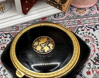 Vintage Black Moulded Plastic (Bakelite) Powder Compact with Gold Floral Button 6.5cm