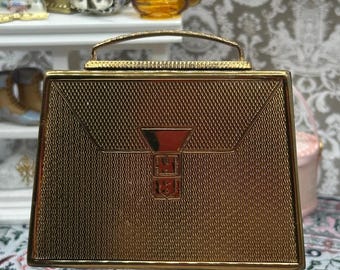 Vintage Mascot Suitcase Powder Compact – Gold Tone Handbag Design, Very Good Condition
