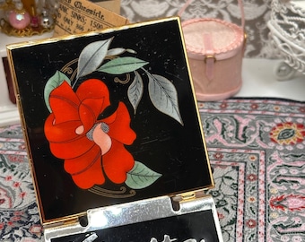 Vintage Stratton Compact Mirror: 1950s Floral Enamel Gold Tone Folding Mirror