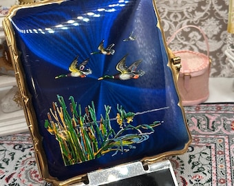 Estuche para cigarrillos Stratton Flying Ducks vintage, esmalte azul guilloché, tono dorado, grande 9,5 cm