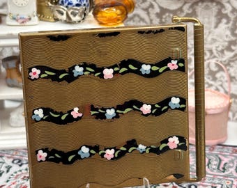 Vintage Volupté USA Powder Compact: 1950s Floral Enamel Gold Tone Vanity Case