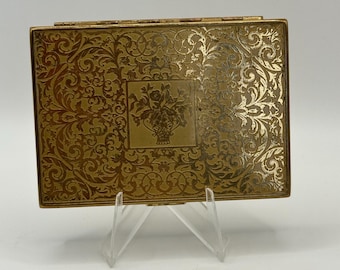 Vintage Gold-Tone Powder Compact – Rectangular – Floral Basket Engraving