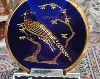 Stratton Powder Compact – Blue Enamel Pheasant Design, Gold Tone, 1950s England