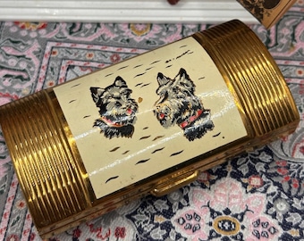 Estojo de cigarros vintage com cachorros Scottie, dourado, década de 1950 – Design de dois terriers – Artigo de higiene pessoal para tabacaria, meados do século XX