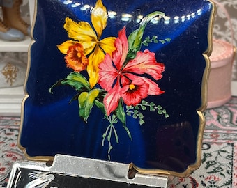 Vintage Stratton Powder Compact: Blue Enamel Floral Design, Mid-Century Vanity Mirror