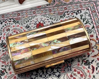 Vintage Ronson Cigarette Case Mother of Pearl & Abalone Inlay Gold Tone Engine Turned 1950s Tobacciana