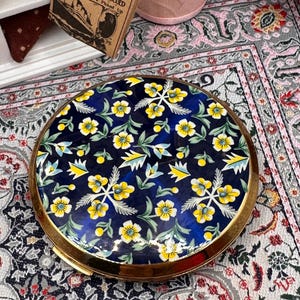 Stratton Convertible Powder Compact Blue Floral Enamel 1950s Vintage Mirror with Pouch 7.5cm