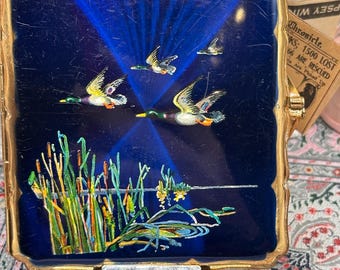 Vintage Stratton Cigarette Case Blue Enamel Flying Ducks Design Gold Tone Engine Turned 9.5cm