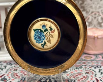 Vintage Mascot Powder Compact Blue Enamel Floral Centre Gold Tone Round 7.5cm