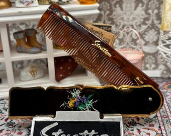 Vintage Stratton Folding Comb: Gold Tone Floral Enamel Case, Tortoiseshell Mid Century Vanity Accessory