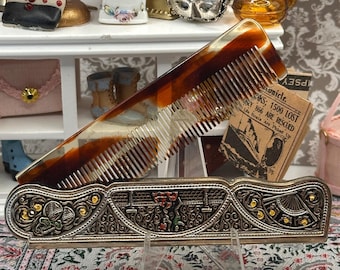 Peineta vintage de imitación de carey con montura metálica ornamentada, diseño Matador, 10,5 cm