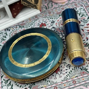 Vintage Kigu Teal Blue Gold-Tone Powder Compact & Perfume Atomiser Set, Boxed, London