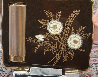 Polvos compactos convertibles Stratton Empress, esmalte floral, soporte para pintalabios, sin usar (vintage)