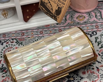 Vintage Kigu Mother of Pearl Cigarette Case 7.5cm Gold Tone Curved Compact Style Mid Century Vanity Tobacciana