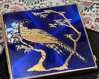 Espejo pequeño Stratton vintage tono dorado, espejo compacto con diseño de pájaro.