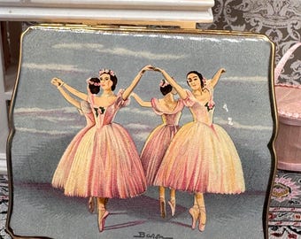 Polvera musical vintage Stratton Baron con bailarinas, Vals de Brahms de Reuge, década de 1950.