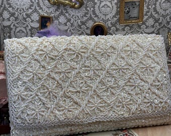 Bolsa de noite vintage DuBarry bordada à mão com miçangas – Clutch marfim com pérolas e lantejoulas – 21,5 cm