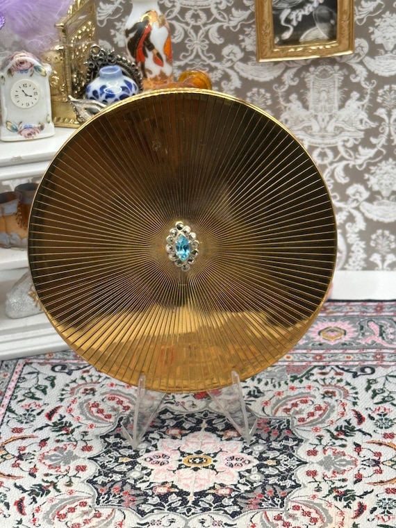 Vintage Le Rage Powder Compact, Large 9cm Gold Tone Compact Mirror, Blue Rhinestone Vanity Compact, British Vintage Makeup Compact