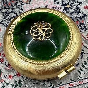 Revlon Van Cleef & Arpels Powder Compact Green Enamel Gold Tone Boxed Vintage 1960s Collectable