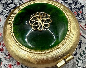 Revlon Van Cleef & Arpels Powder Compact Green Enamel Gold Tone Boxed Vintage 1960s Collectable