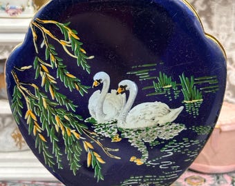 Espejo compacto vintage de los años 50, color azul esmalte, diseño de cisne.