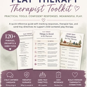May include: A 13-page printable PDF Play Therapy Therapist Toolkit featuring a quick-reference guide with tracking responses, therapist tips, and sand tray directives. The document includes sections on Things to Avoid in the Playroom and Sand Tray Directives for Play Therapy, designed to support child-centered play therapy with over 120 phrases, prompts, and directives.