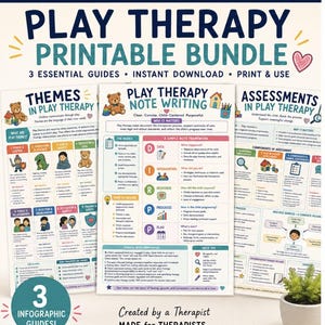 May include: A digital bundle of three educational infographics titled Play Therapy Printable Bundle. The guides cover themes, note writing, and assessments in play therapy, featuring colorful icons, text, and charts for clinical use.